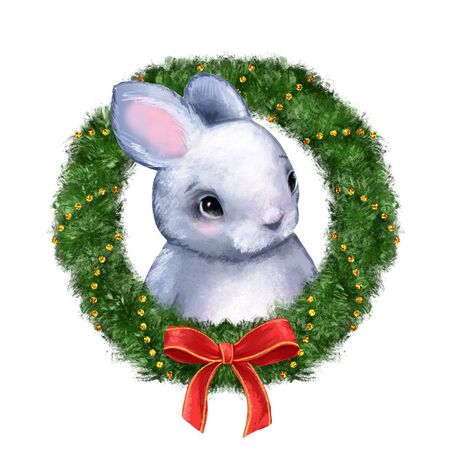 Cute white rabbit in Christmas wreath isolated on white. Holiday greeting card.の写真素材