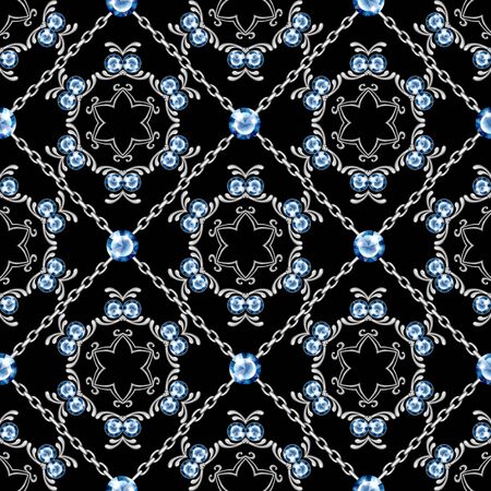 Jewelry background. Seamless pattern with crossed silver chains and round gemstones on blackの写真素材