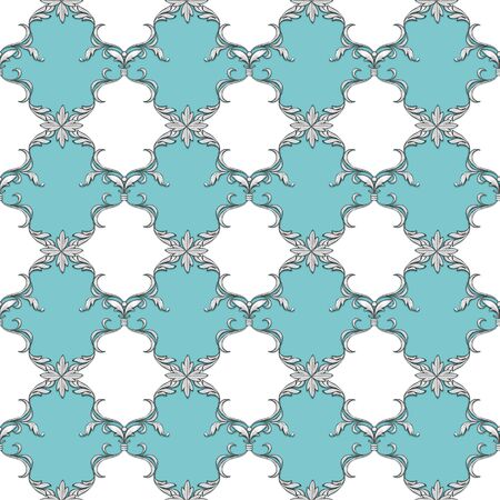Blue seamless baroque pattern with decorative silver scrolls