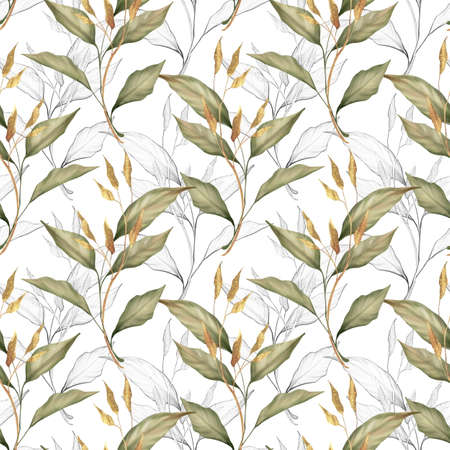 Seamless floral pattern with green and gold leaves on white backgroundの写真素材