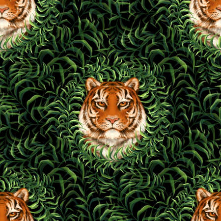 tiger in green leaves. Seamless pattern. Black backgroundの写真素材