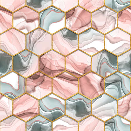 Hexagon seamless texture. Abstract gray and red trendy backgroundの写真素材