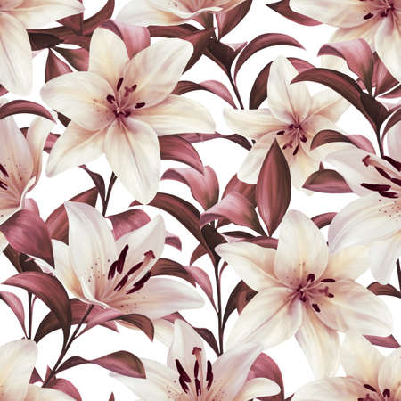 Seamless pattern with lilies on white. Floral backgroundの写真素材