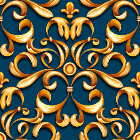 Seamless baroque pattern with golden scrolls on dark blueの写真素材