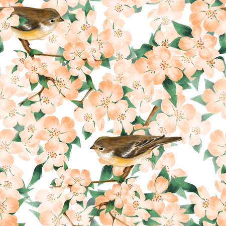 Seamless floral pattern with birds. Yellow flowers backgroundの写真素材