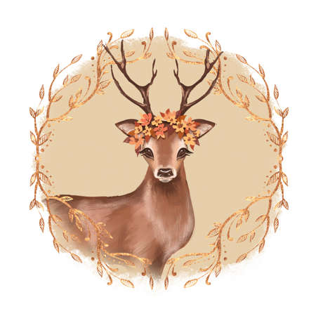 Autumn illustration with cute deer. Digital paintingの写真素材
