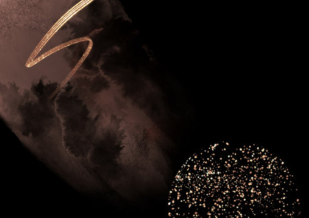Gold glitter and watercolor on black background. Abstract element for designの写真素材