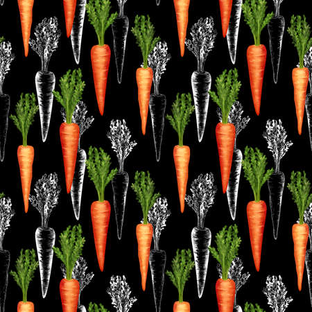 Orange carrot seamless pattern. Decorative background on black