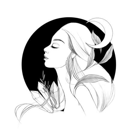 Witchcraft. Witch, magic crystal and moon. Black and whiteの写真素材
