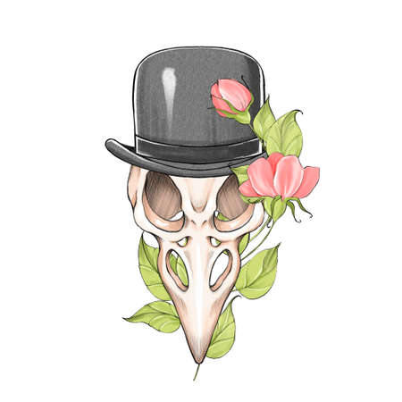 Bird skull with leaves and flowers. Tattoo designの写真素材
