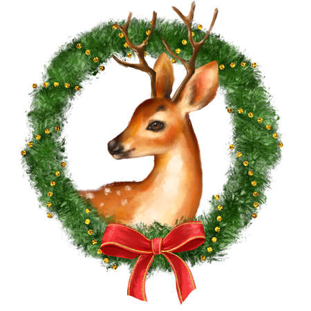 Young deer. Christmas wreath. Hand drawn illustrationの写真素材