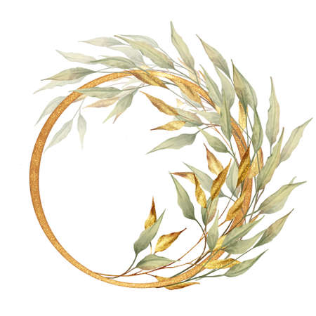 Watercolor green leaves and gold round frame.の写真素材