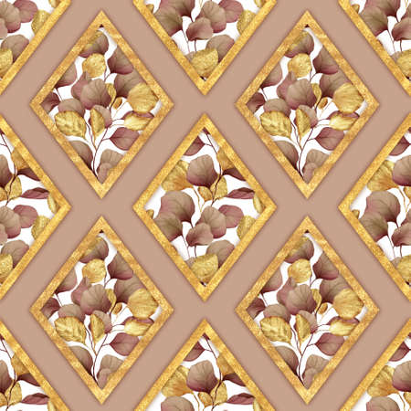 Autumn floral pattern. Brown and gold leaves and rhombus background