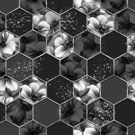 Decorative pattern. Hexagon seamless texture with anemone flowers.の写真素材