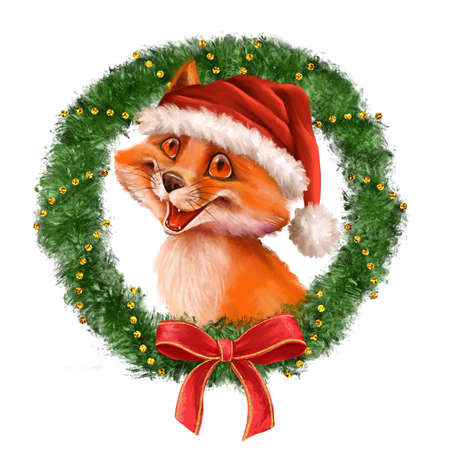 Fox animal in red santa hat. Christmas illustration with wreath.の写真素材