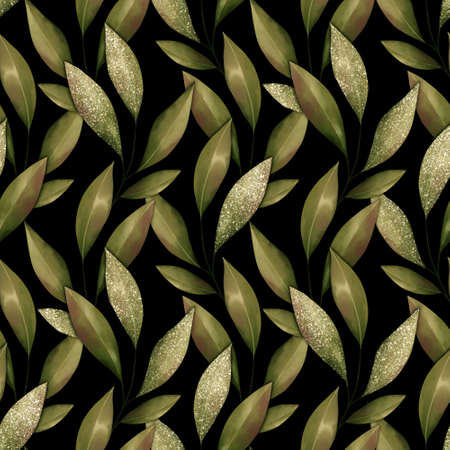 Seamless floral pattern with green leaves. Black background with foliage.の写真素材