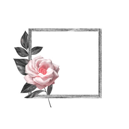 Silver square frame with rose flower. Isolated on white.の写真素材