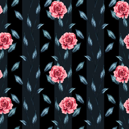 Floral seamless pattern. Rose flowers on blue stripes. Dark background.の写真素材