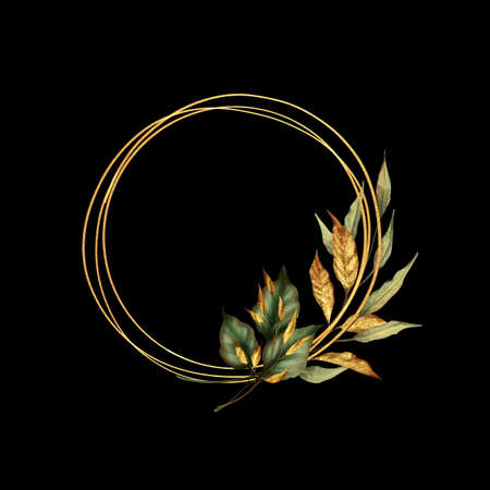 Green leaves and gold round frame on black backgroundの写真素材