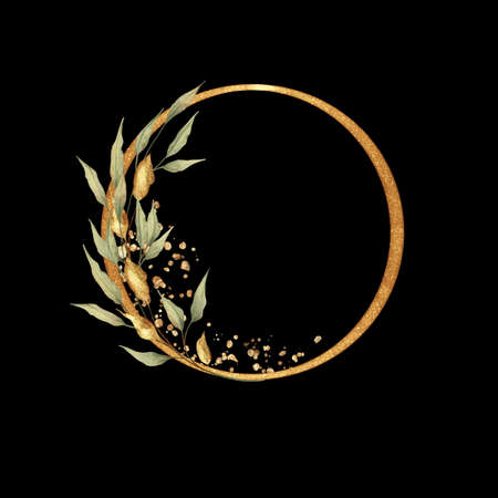 Green leaves and gold round frame on black backgroundの写真素材