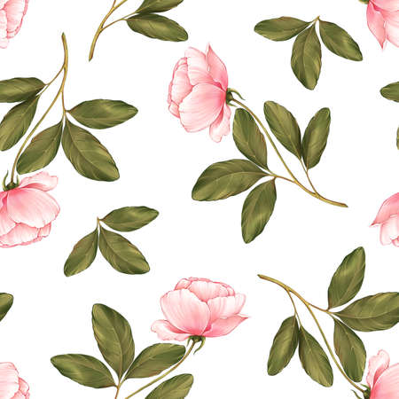 Seamless floral pattern of pink rose flowers and green leavesの写真素材