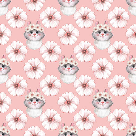 Floral seamless pattern with cute mouse. Watercolor background.の写真素材