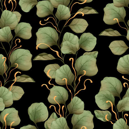 Floral seamless pattern with green leaves on blackの写真素材