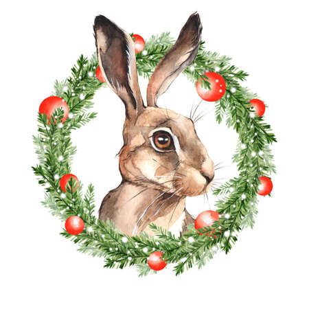 Watercolor hare with Christmas wreath. Isolated on white background.の写真素材