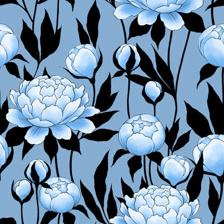 Peony flowers seamless pattern with black leaves. Floral background.の写真素材