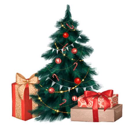 Christmas tree with decorations and gift boxes. Holiday illustration .の写真素材