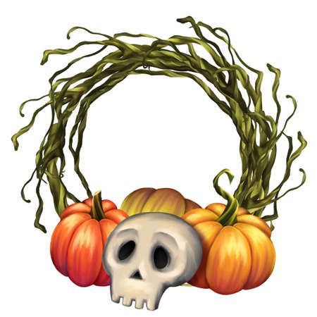 Halloween wreath. Background with skull and pumpkins. Holiday frame.の写真素材