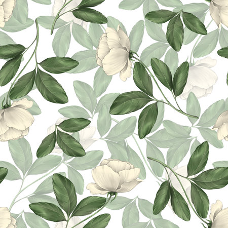 Seamless floral pattern of white rose flowersの写真素材