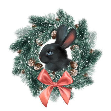 Black bunny. Cute winter illustration of rabbit and fir tree wreath.の写真素材