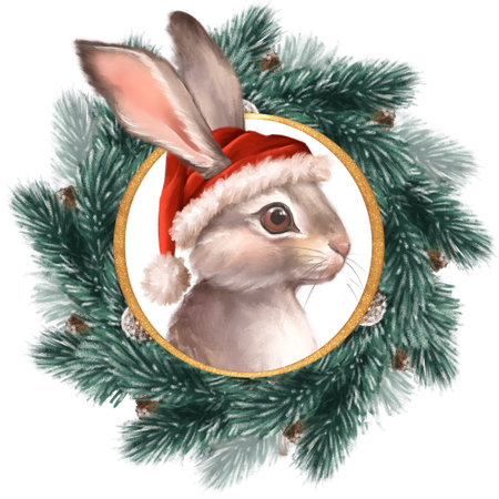 Cute winter illustration of rabbit. Fir tree wreath and bunnyの写真素材