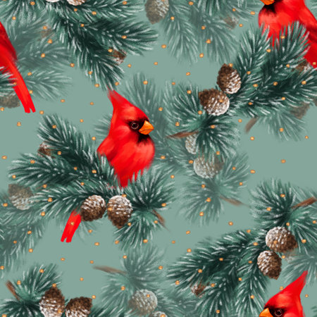 Seamless pattern. Cardinal birds and Fir branches. Christmas background.の写真素材