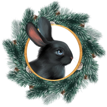 Black bunny. Cute winter illustration of rabbit and fir tree wreath.の写真素材