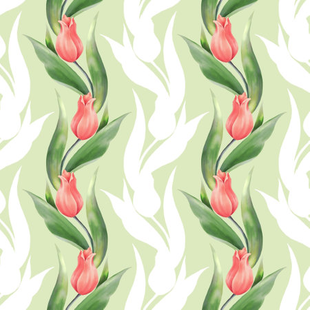 Seamless pattern with red flowers and leaves. Spring tulip flowers. Summer or Spring background.の写真素材