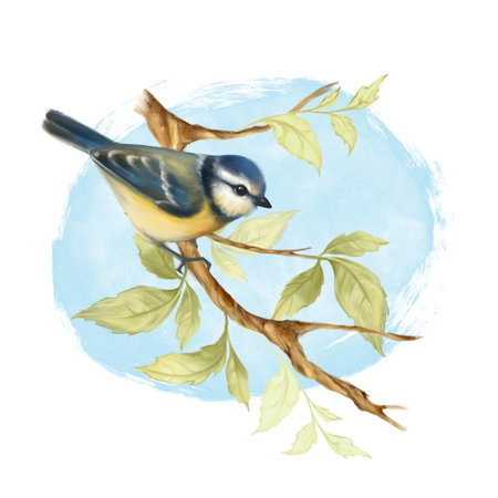 Beautiful illustration with hand drawn bird on green branch. Spring illustrationの写真素材