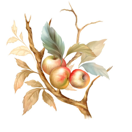 Apples on a branch with leaves. Isolated on white. Floral illustration.の写真素材