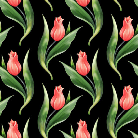 Seamless pattern with red flowers on black. Spring tulip flowers. Summer or Spring background.の写真素材