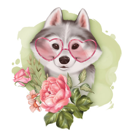 Cute dog with rose flowers. Summer illustrationの写真素材