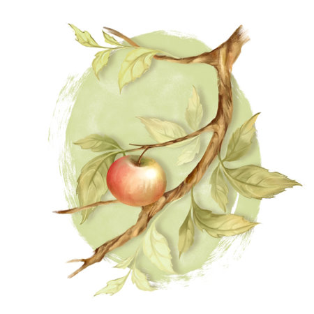 Hand drawn apple tree branch with apple and leaves.の写真素材