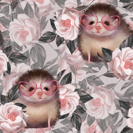 Floral seamless pattern with cute hedgehogs. Animals and flowers, decorative backgroundの写真素材