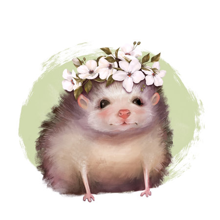 Cute illustration with adorable little hedgehog in wreath. Beautiful card.の写真素材