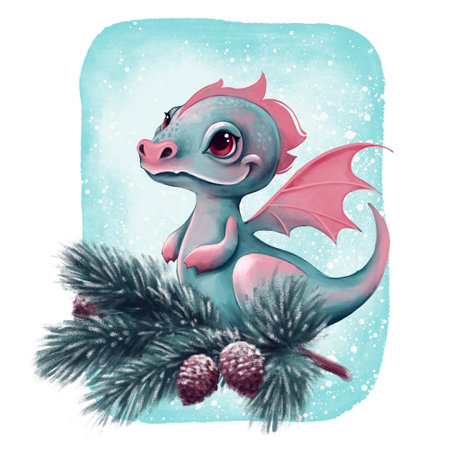 Fantasy cute dragon with fir tree branches. New Year 2024の写真素材