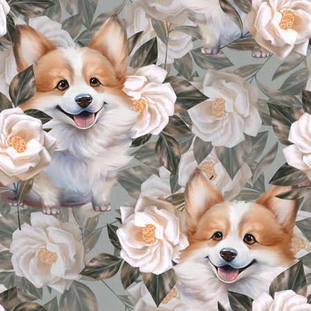 Seamless pattern with cute corgi dogs and white flowersの写真素材