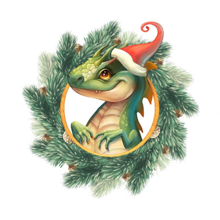 Fantasy cute dragon in Santa Hat. Christmas card with fir wreath. New Year 2024の写真素材
