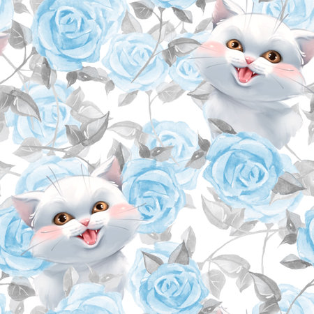Seamless watercolor floral pattern with blue rose flowers and catsの写真素材