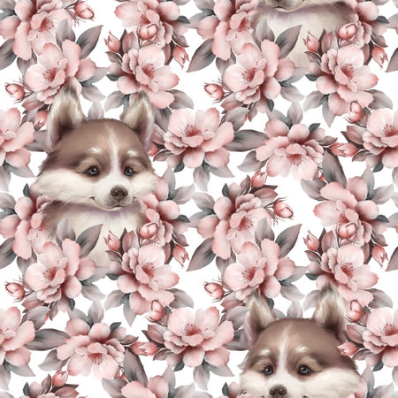 Seamless pattern with cute husky dogs and flowersの写真素材