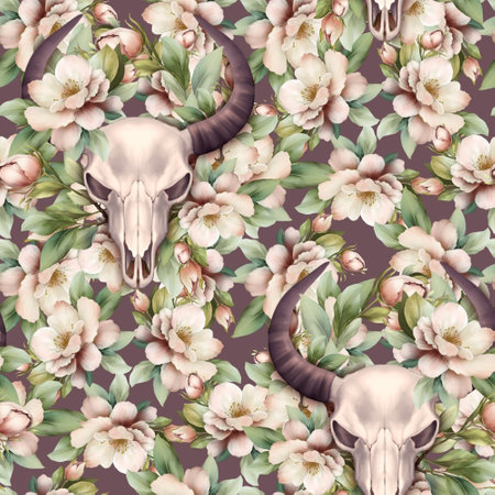 Seamless pattern with skull and leaves. Decoration floral motif wallpaper, wrapping, cards, halloween decor.の写真素材
